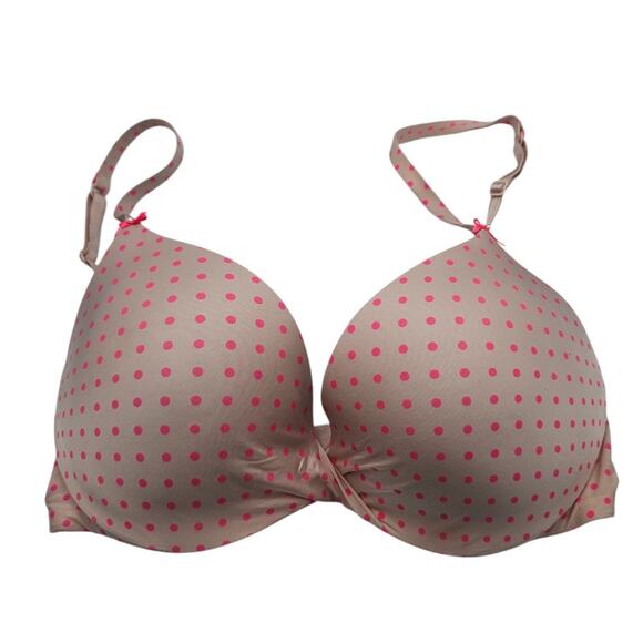 Victorias Secret Sz 34C Padded Plunge Bra Beige w/ Pink Polka Dots - Picture 1 of 4